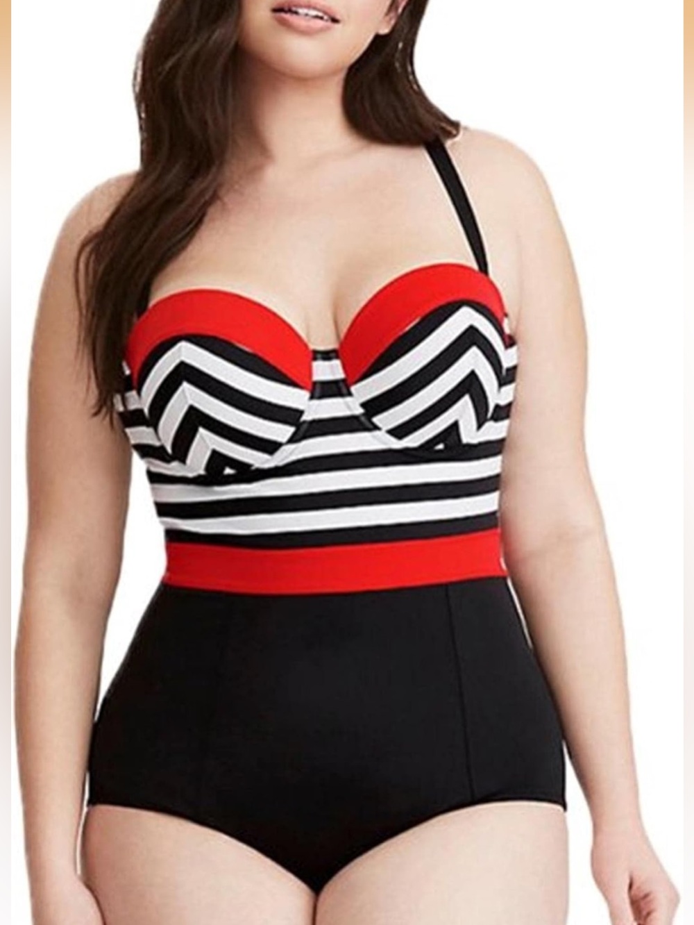 Torrid Retro Pin-Up Chevron Stripe One Piece Swimsuit Black Red White Size 0 L